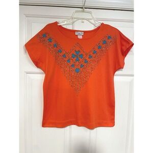 VTG 80s Dary Sue Orange Blue Stone Embellished Beaded Top Short Sleeves Womens M